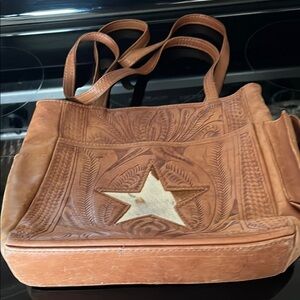 Genuine Leather Brown Tote Bag with Star Design